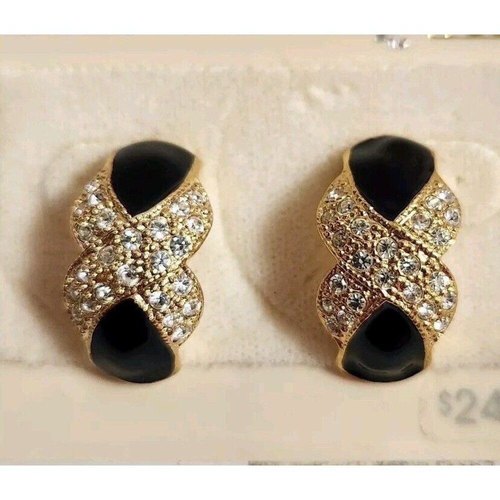 VTG Social Gallery Pierced Earrings 14K Gold Post Gold, Black, Rhinestones NEW